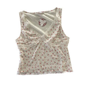 Pink Republic cherry print lace-trim tank top Women's Size XL